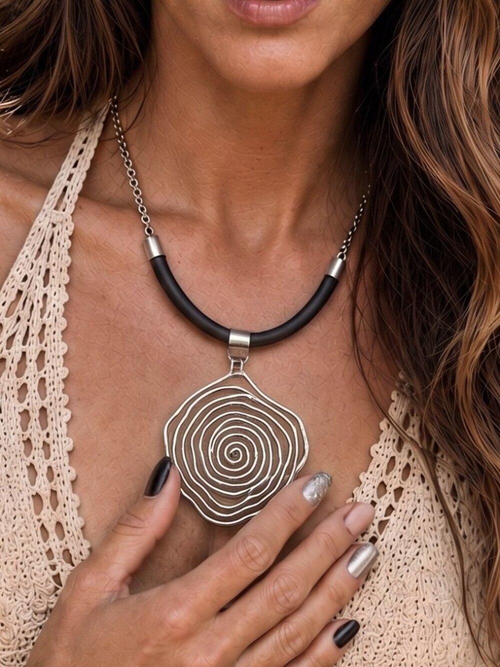 Handmade Turkish Spiral Statement Necklace Silver Tone Zamak Leather Cord 24.5"
